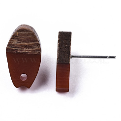 不透明な樹脂とクルミ材のスタッドピアスのパーツ  304ステンレスピン付き  オーバル  ブラウン  16x9mm  穴：1.8mm  ピン：0.7mm&nbsp;MAK-N032-010A-B03