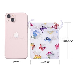 長方形プリント オーガンジー 巾着バッグ  カラフルな蝶の模様  ホワイト  12x9cm&nbsp;LS-CON-PW0001-057A