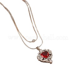Brass Pave Red Cubic Zirconia Heart Pendant Round Snake Chain Double Layer Necklaces for Women&nbsp;WG9EE5F-02