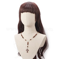 天然木ラウンドロザリオビーズネックレス  女性用真鍮チェーン付きクロスペンダントネックレス  シエナ  23.23インチ（59cm）&nbsp;NJEW-JN04248