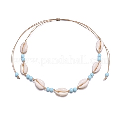Natural Cowrie Shell & Round Acrylic Beaded Waxed Cord Braided Necklaces for Women&nbsp;FS-WG6249B-01