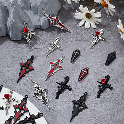 44pcs11スタイルハロウィーンテーマ合金エナメルペンダント  クロスと棺します。  ミックスカラー  25.5~47.5x11~23x3~5.5mm  穴：1.2~2mm  4個/スタイル&nbsp;ENAM-ME0001-45