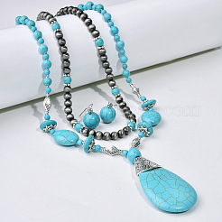 Teardrop Synthetic Turquoise Pendant Necklaces & Dangle Earrings & Stretch Bracelets Sets&nbsp;FS-WGCD8C0-01