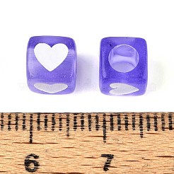 スプレー塗装透明アクリルビーズ  ハートを持つキューブ  紫色のメディア  7x6.5x6.5mm  穴：3.8~4mm  約2270個/500g&nbsp;OACR-N140-02B
