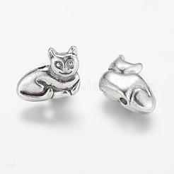 チベット風合金子猫ビーズ  3d猫  鉛フリー＆カドミウムフリー  アンティークシルバー  11x14x4.5mm  穴：1mm&nbsp;X-TIBEP-GC183-AS-RS