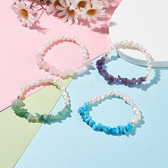 女性用ジェムストーンチップとナチュラルパールストレッチブレスレット  内径：1-7/8インチ（4.9cm）&nbsp;BJEW-JB07654