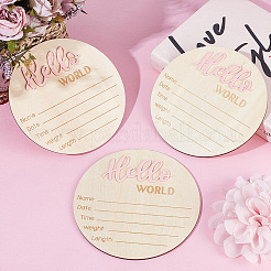 木製の赤ちゃんの写真小道具  出産報告のサイン  木製の成長マイルストーンサイン  Flat Round with Word hello world  ピンク  148x5mm&nbsp;WOOD-WH0002-56A