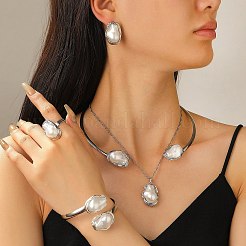 楕円形の合金とプラスチックの真珠のジュエリーセット  バングル、スタッドピアス、ネックレス、リングセット  プラチナ  400mm & 150mm & 18mm & 27x19mm & 63mm&nbsp;WGB491C-24