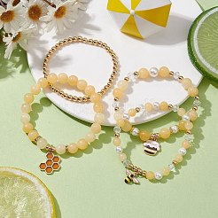 4 個 4 スタイルの天然トパーズ ジェイド & シェル パール ストレッチ ブレスレット セット  合金エナメル ミツバチ & ハニカム チャーム スタッカブル ブレスレット  内径：2-1/8~2-1/4インチ（5.3~5.7cm）  1個/スタイル&nbsp;BJEW-JB10049
