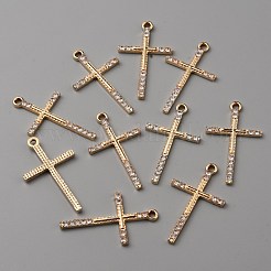 亜鉛合金のペンダント  ラインストーン付き  クロス  ゴールドカラー  33.5x20x2mm  穴：2mm&nbsp;FIND-WH0143-40G