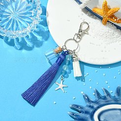 ガラスとナイロンのタッセルペンダント装飾  合金製回転式ロブスタークロウ留め金と201ステンレススチールリング付き  ガラス瓶とヒトデ  ダークブルー  140mm&nbsp;HJEW-JM03107-02