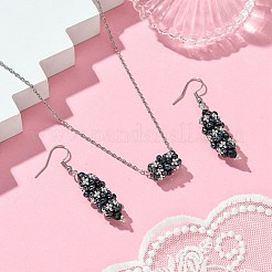 コラムガラスシード＆合成ブルーゴールドストーンフレンチフックピアス＆ペンダントネックレスセット  女性のためのステンレス鋼ジュエリー  ブラック  17.80インチ（45.2cm）&nbsp;SJEW-MZ00003-02