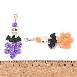 ハロウィン用合成ターコイズ製スカル＆木製コウモリ＆樹脂製バラのペンダント装飾  亜鉛合金カニカン付き  ミックスカラー  77mm&nbsp;HJEW-JM05046