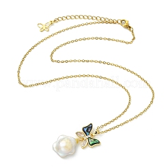 Brass Pave Clear Cubic Zirconia and Natural Abalone Shell Butterfly and Natural Baroque Keshi Pearl Flower Pendant 304 Stainless Steel Cable Chain Necklaces for Women&nbsp;NJEW-JN06116