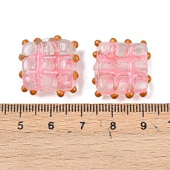 手作りゴールドパウダー入りランプワークビーズ  手描きのビーズ  正方形  エナメル  ピンク  19~19.5x20x7~8mm  穴：1.2~1.6mm&nbsp;LAMP-L082-01C