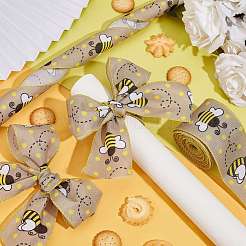 ポリエステルリボン  片面ひまわり蜂段落模様  ギフト包装用  花の弓工芸品の装飾  ペルー  2-1/2インチ（65mm）  10ヤード/ロール（9.14m /ロール）&nbsp;OCOR-WH0063-11B