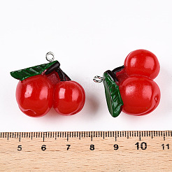 樹脂チャーム  プラチナトーン鉄パーツ  模造食品  チェリー  レッド  28~30x28~29x17mm  穴：2mm&nbsp;X-RESI-T028-37