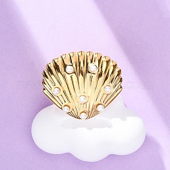 女性用ステンレススチール調節可能カフリング  模造パールと  シェル形状  ゴールドカラー  25x30mm  内径：19mm&nbsp;LS-RJEW-B126-01G