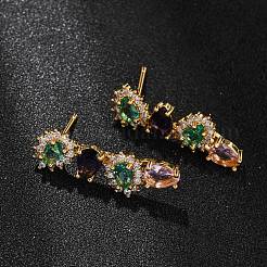 女性用真鍮マイクロパヴェカラフルなキュービックジルコニアスタッドピアス  ティアドロップ  18KGP本金メッキ  29.5x10mm&nbsp;EJEW-F418-10G
