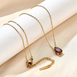 304ステンレスネックレス  キュービックジルコニアティアドロップチャーム付き  18KGP本金メッキ  暗赤色  長さ16.22インチ(41.2cm)+64mmエクステンダー&nbsp;NJEW-R022-01G-01