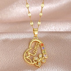 母の日 真鍮 パヴェ キュービックジルコニア ママハート バタフライペンダント 304ステンレススチール ダップチェーンネックレス（女性用）  ゴールドカラー  カラフル  15.75インチ（40cm）&nbsp;WG2F4E4-01