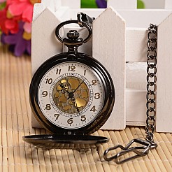 開閉可能なフラットラウンド合金チャーム懐中時計  クオーツ時計  鉄のチェーン付き  ガンメタ色  355mm  ウォッチヘッド：59x47x14mm&nbsp;WACH-L024-27