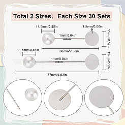60セット2スタイルのラウンドトレイ真鍮スティックラペルピン  プラスチックパールビーズのブローチパーツ  プラチナ  60~77x15x11.5mm  ピン：1mm  30セット/スタイル&nbsp;KK-SC0004-97