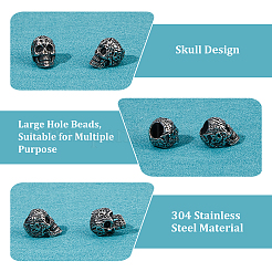 304ステンレススチールヨーロピアンビーズ12個  大穴ビーズ  スカル  アンティークシルバー  15.5x10.5x12.5mm  穴：6mm&nbsp;STAS-HS0001-05