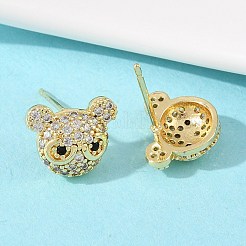 真鍮マイクロペーブクリアキュービックジルコニアスタッドピアス  長持ちするプレート  ラックめっき  鉛フリー＆カドミウムフリー  18KGP本金メッキ  クマ  10x12mm&nbsp;EJEW-F400-26B-G