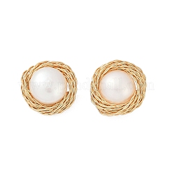 フラットラウンドい真鍮の模造真珠のスタッドピアス  14KGP本金メッキ  13x12.5mm&nbsp;KK-D301-10G