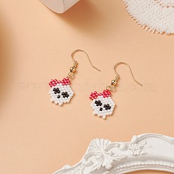 Glass Seed Braided Skull with Flower Dangle Earrings&nbsp;EJEW-MZ00023-01