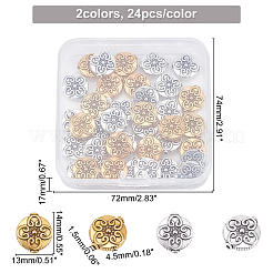 48個2色チベット風合金ビーズ  花付きフラットラウンド  ミックスカラー  14x13x4.5mm  穴：1.5mm  24個/カラー&nbsp;FIND-CA0003-07