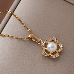 Vintage 304 Stainless Steel Glass Flower Pendant Necklaces with Imitation Pearl for Women&nbsp;BV5494
