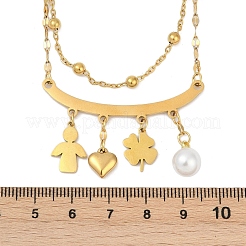 304ステンレススチールと模造真珠のクローバーハートの二重層ネックレス（女性用）  18KGP本金メッキ  15.71インチ（39.9cm）&nbsp;NJEW-V004-02G