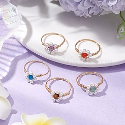 花の天然アメジスト、赤瑪瑙、緑のアベンチュリン、タイガーアイ、アパタイト、貝パールの指輪  女性用銅線巻きカフリング  内径：18~19mm&nbsp;RJEW-JR00780