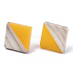 不透明な樹脂と木製のスタッドピアス  304ステンレスピン付き  菱形  ゴールド  17x18mm  ピン：0.7mm&nbsp;EJEW-N017-005A-B05