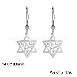 304ステンレススチールダングルイヤリング  ダビデの星  ステンレス鋼色  18.6x14.8mm&nbsp;FS-WGD23E6-01