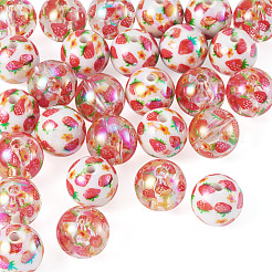 28個 2スタイル UVメッキ 虹色透明アクリルビーズ  プリント付き  ラウンド  レッド  15.9~16mm  穴：2.8~3mm  14個/スタイル&nbsp;OACR-TA0005-09