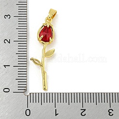 バレンタインデー用のバラの花、本物の 18k ゴールドメッキラックメッキ真鍮マイクロパヴェキュービックジルコニアペンダント  長持ちメッキ  鉛フリー＆カドミウムフリー  レッド  28x8.5x4mm  穴：4.5x2.5mm&nbsp;X-KK-R153-01C-G