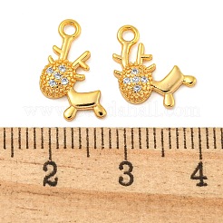 クリスマステーマの真鍮製クリアキュービックジルコニアペンダント  鹿  18KGP本金メッキ  13~14.5x8x2.5mm  穴：1.5mm&nbsp;KK-N254-27G