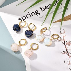 女の子の女性のためのハートミックスストーンダングルフープピアス  ワイヤーラップストーンピアス  ゴールドカラー  33mm  ピン：1mm&nbsp;EJEW-JE04660