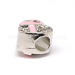 プラチナメッキ合金ラインストーンヨーロッパビーズ  エナメル乳癌予防意識リボン付きの大きな穴ハートビーズ  ピンク  9.5x9.5x8.5mm  穴：4mm&nbsp;X-MPDL-A023-B05