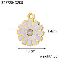 304ステンレススチールエナメルペンダント  花のチャーム  模造パールと  イオンプレーティング（ip）  14KGP本金メッキ  フローラルホワイト  14x11mm&nbsp;STAS-OY004-82G