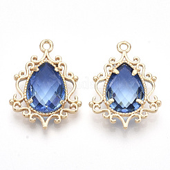 ゴールデントーンブラスペンダント  ファセットガラス付き  ティアドロップ  藤紫色  25.5x19x6mm  穴：1.6mm&nbsp;X-GLAA-R212-03B
