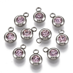 ラインストーンチャーム  10月の誕生石チャーム  201ステンレス鋼  フラットラウンド  ステンレス鋼色  ライトローズ  9x6.5x4mm  穴：1.8mm&nbsp;STAS-S105-JN919-10