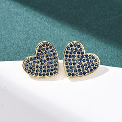Heart Brass Micro Pave Cubic Zirconia Stud Earrings&nbsp;EJEW-H178-01G-02