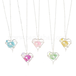 5個 5色メッキ天然水晶ハート銅線巻きペンダント真鍮アズキチェーンネックレス（女性用）  銀色のメッキ  ミックスカラー  17.32インチ（44cm）  1pc /カラー&nbsp;NJEW-TA00256