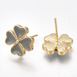 真鍮製スタッドピアスパーツ  エナメルとループ付き  花  グレー  ニッケルフリー  18KGP本金メッキ  12x12mm  穴：1~1.8mm  ピン：0.8mm&nbsp;KK-S350-346