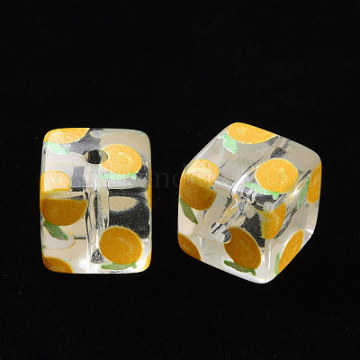 透明印刷アクリルビーズ  フルーツ模様の四角  レモン模様  16x16x16mm  穴：3mm&nbsp;MACR-S374-08A-02-1