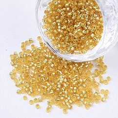 Glass Cylinder Beads, Seed Beads, Silver Lined, Round Hole, Gold, 1.5~2x1~2mm, Hole: 0.8mm, about 8000pcs/bag, about 85~95g/bag